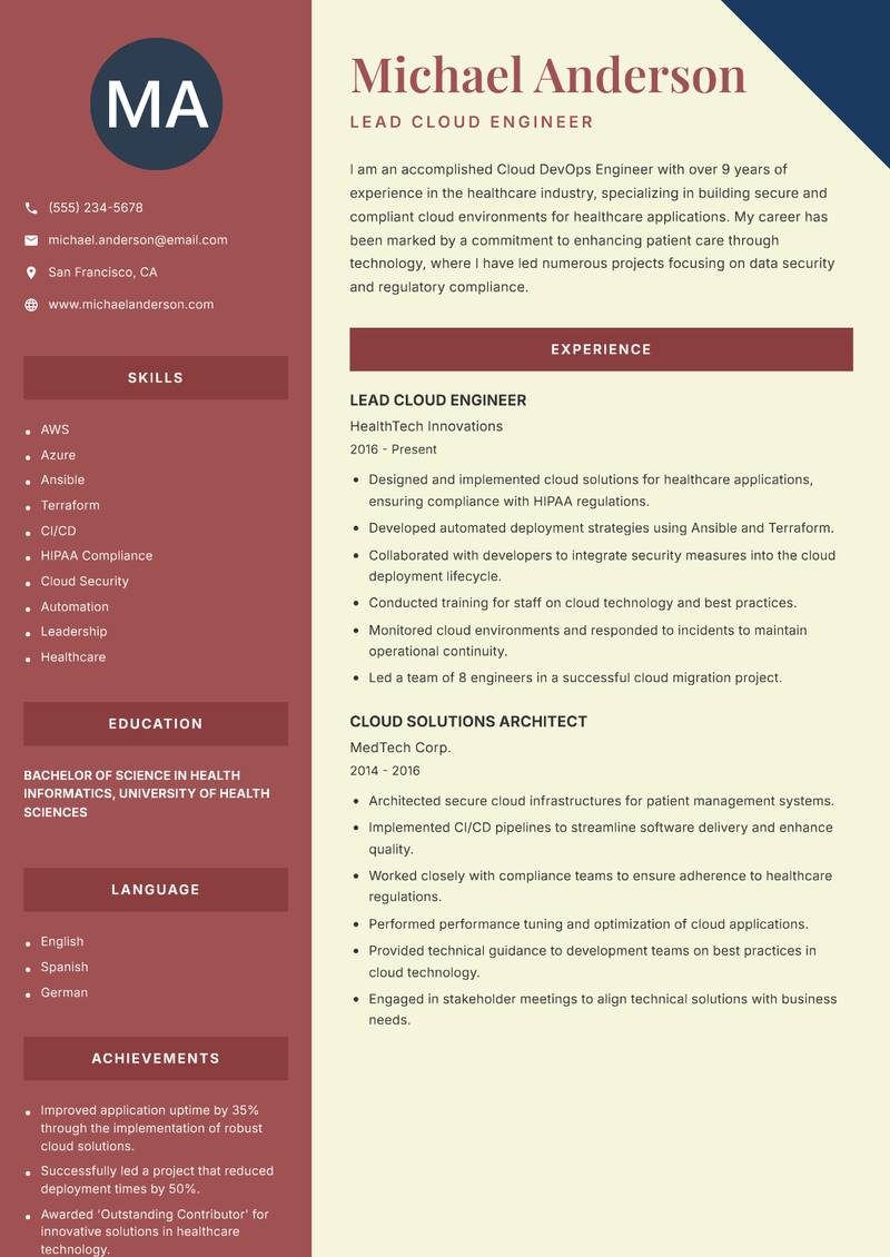 Cloud DevOps Engineer Resume Preview Example