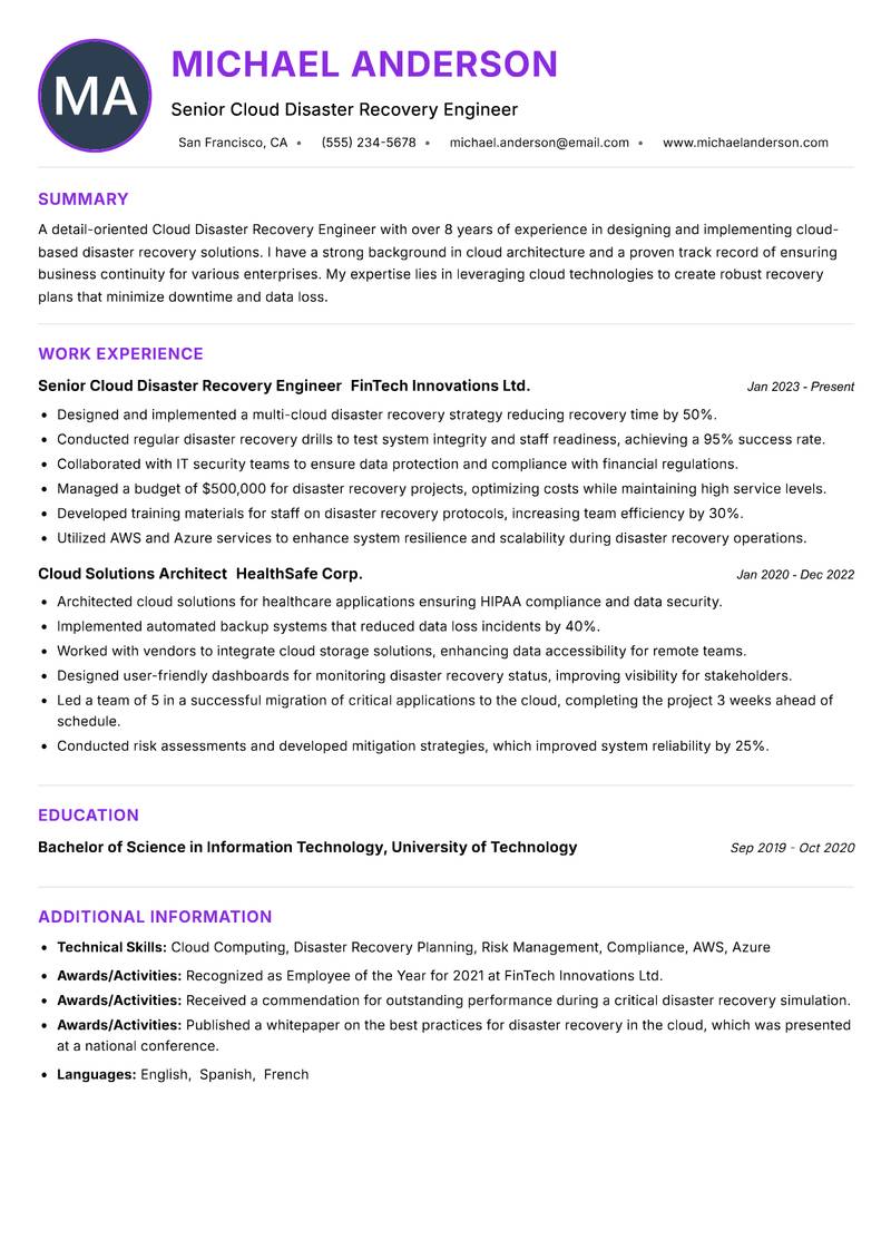 Cloud Disaster Recovery Engineer Resume Preview Example