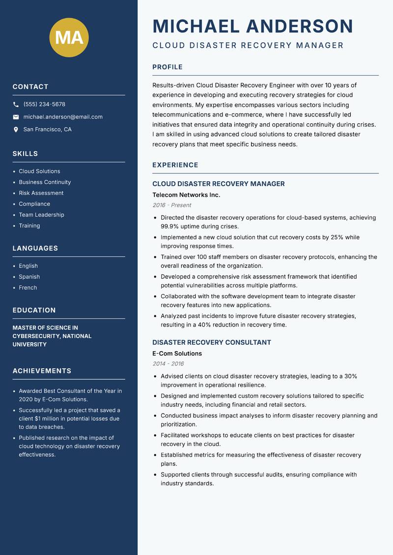 Cloud Disaster Recovery Engineer Resume Preview Example