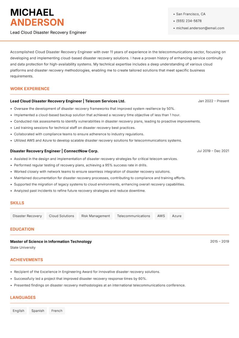 Cloud Disaster Recovery Engineer Resume Template