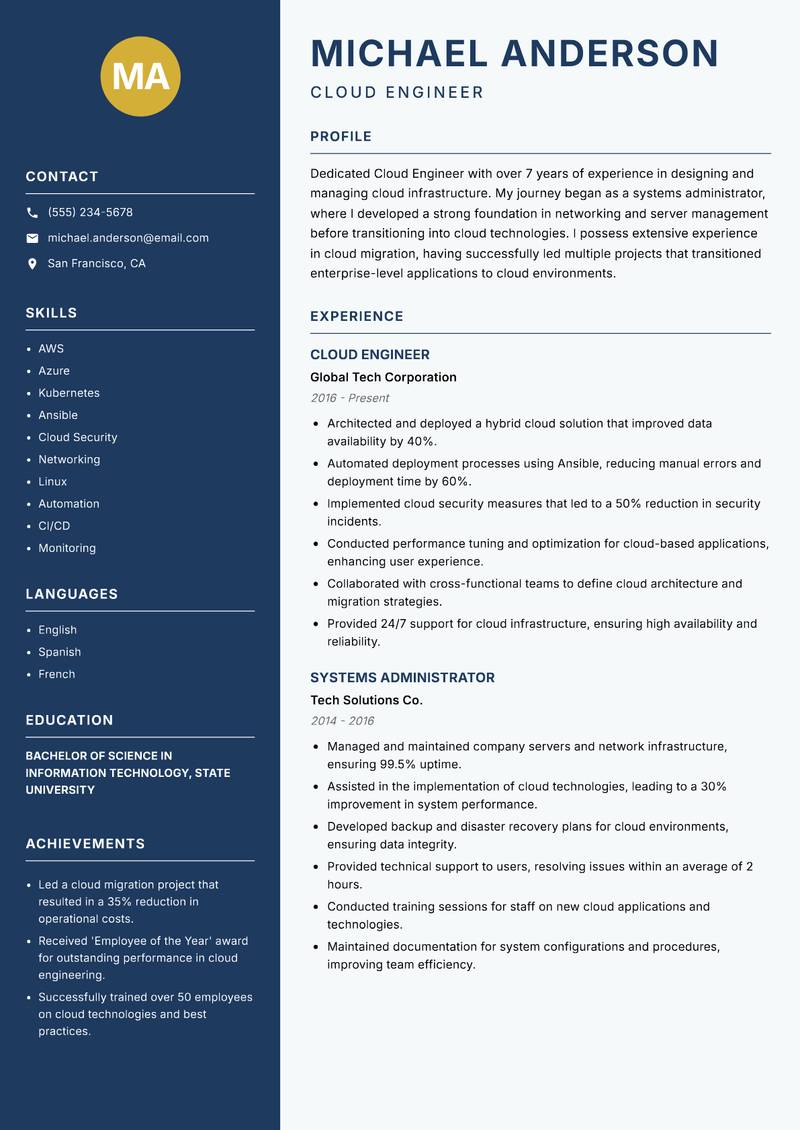 Cloud Engineer Resume Preview Example