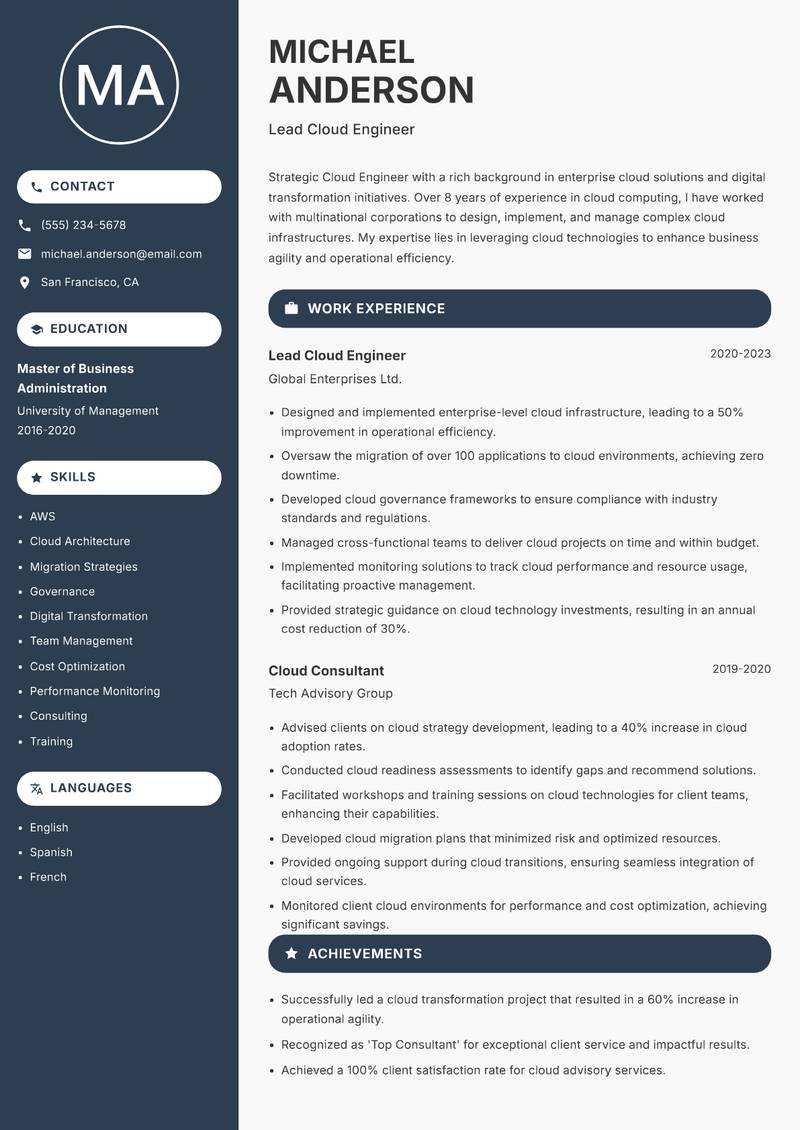 Cloud Engineer Resume Preview Example
