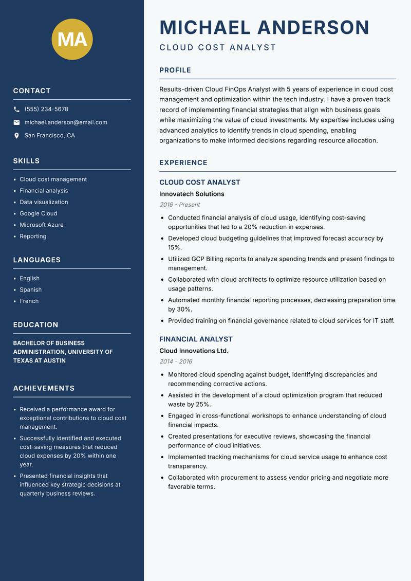 Cloud FinOps Analyst Resume Preview Example