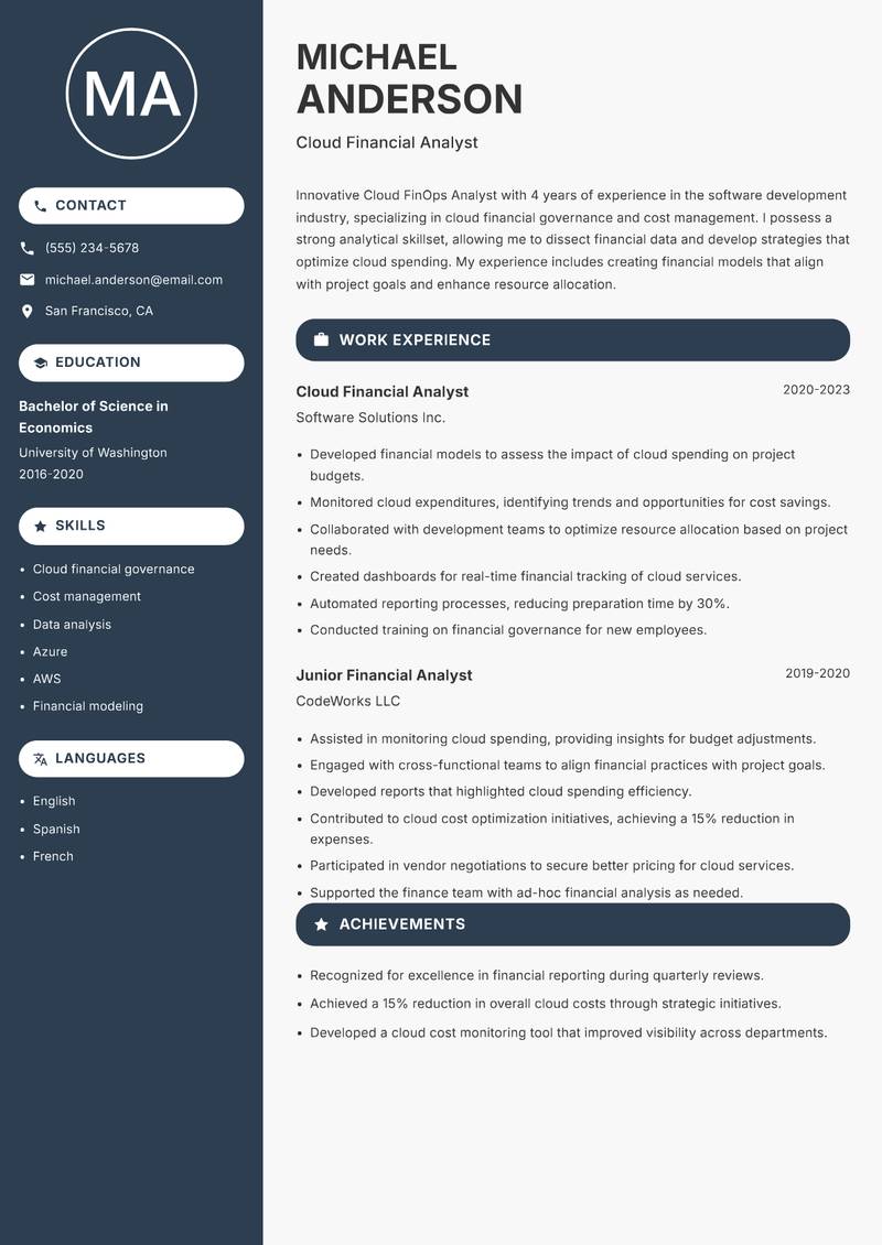 Cloud FinOps Analyst Resume Preview Example