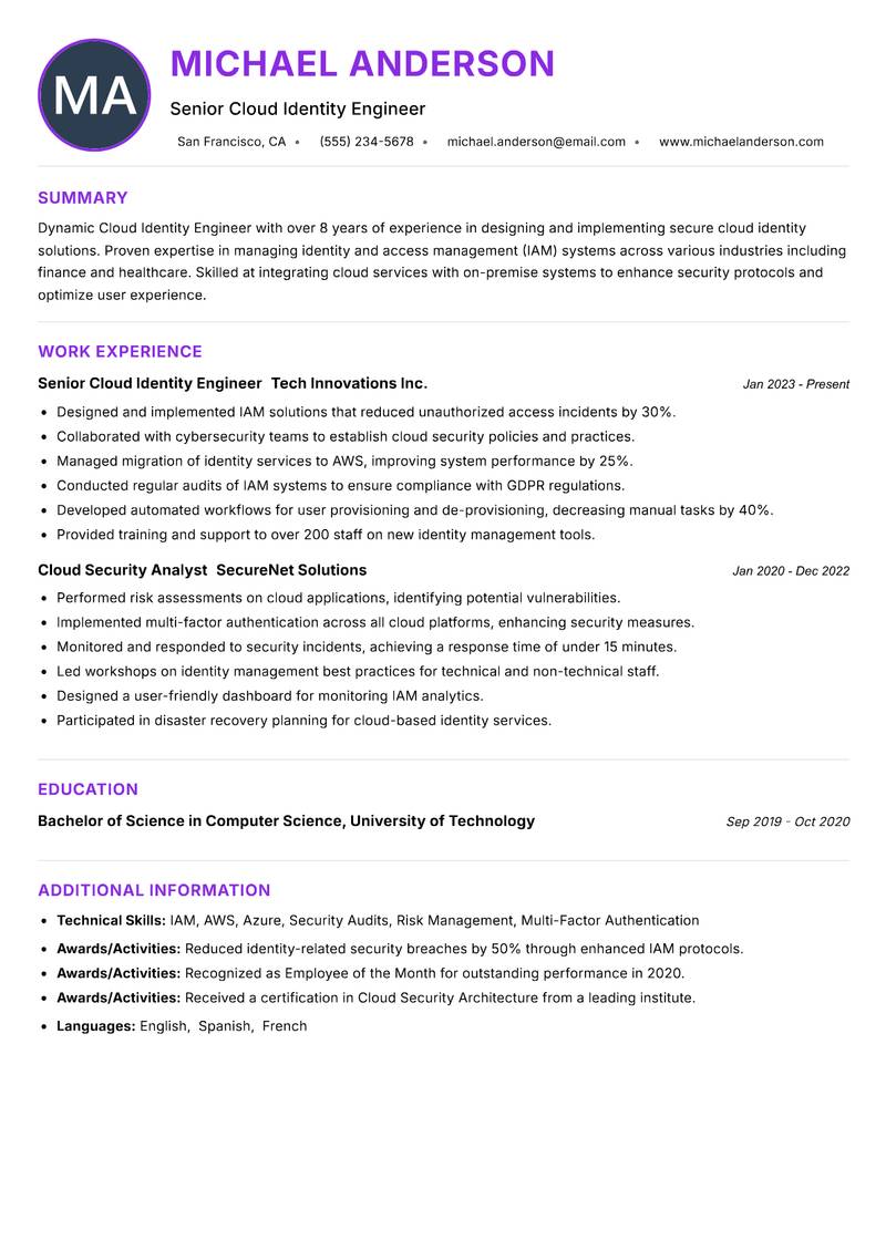 Cloud Identity Engineer Resume Preview Example