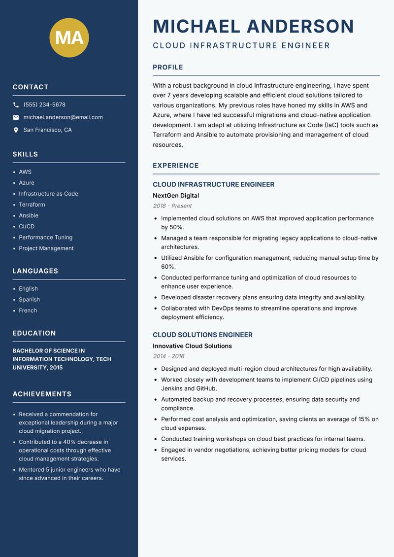 Cloud Infrastructure Engineer Resume Preview Example