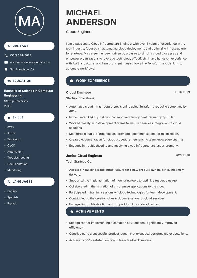 Cloud Infrastructure Engineer Resume Preview Example