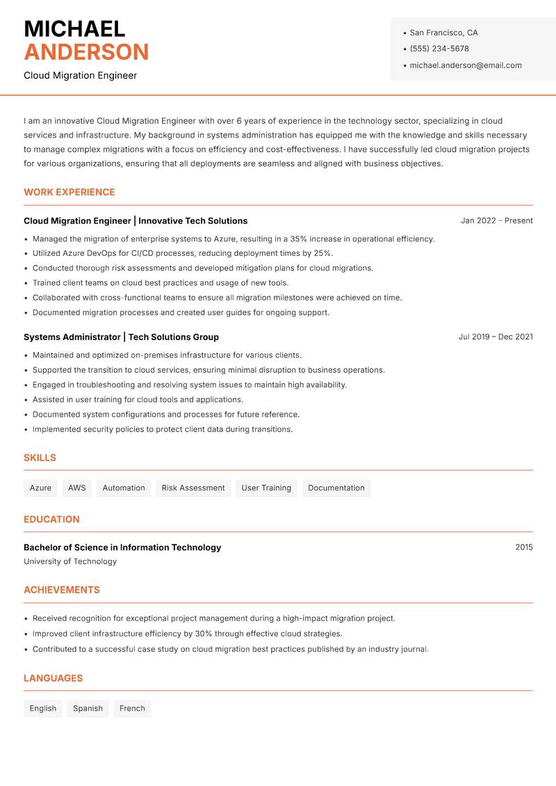 Cloud Migration Engineer Resume Template