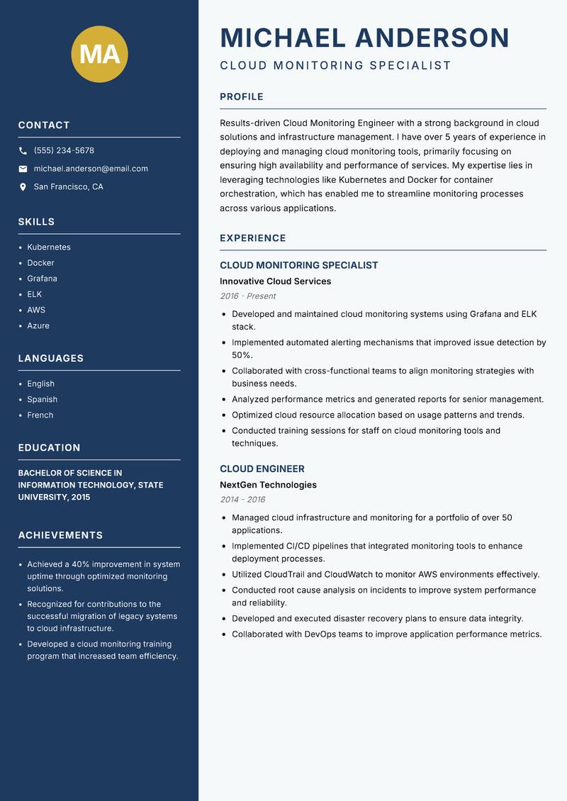 Cloud Monitoring Engineer Resume Preview Example