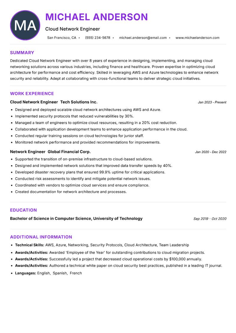 Cloud Network Engineer Resume Preview Example