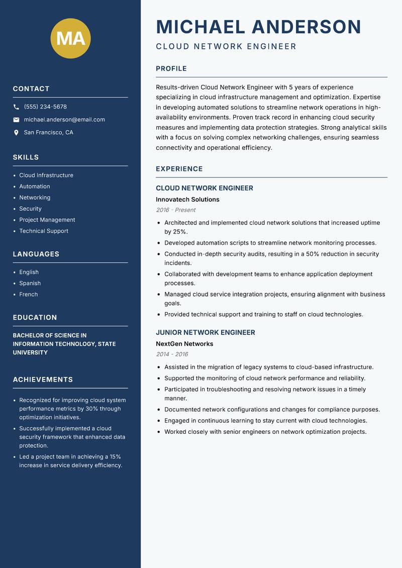Cloud Network Engineer Resume Preview Example