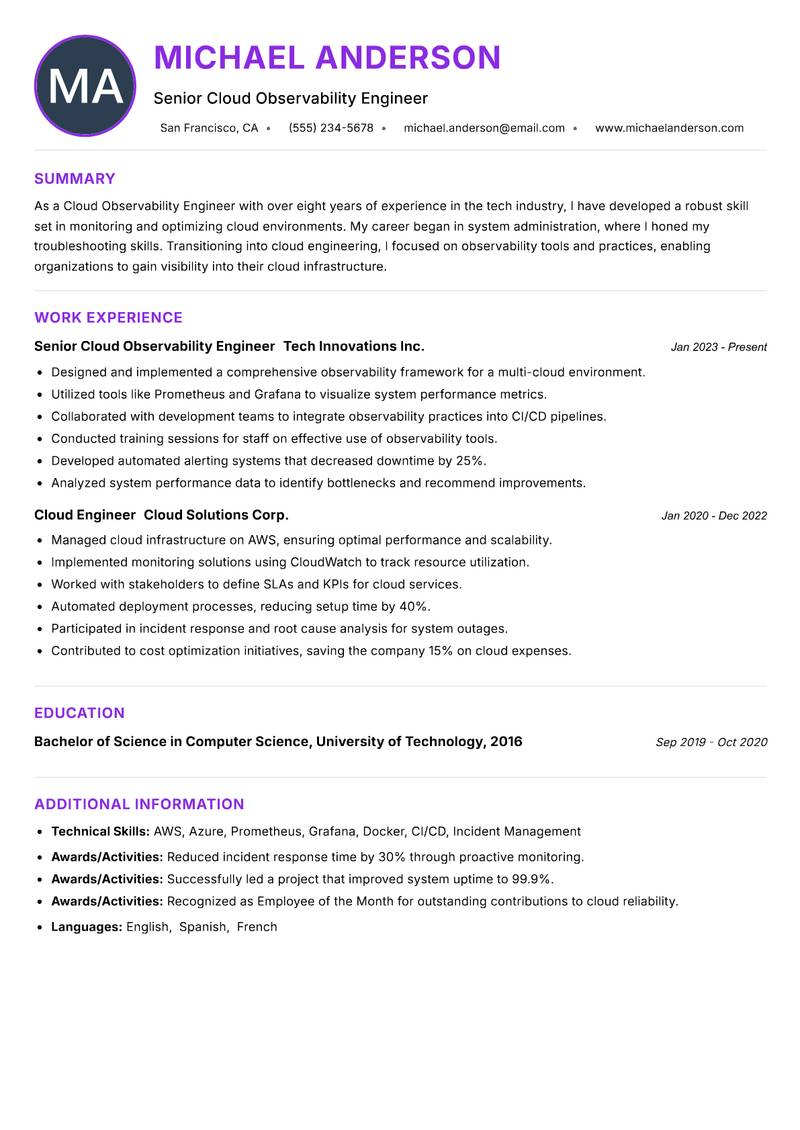 Cloud Observability Engineer Resume Preview Example