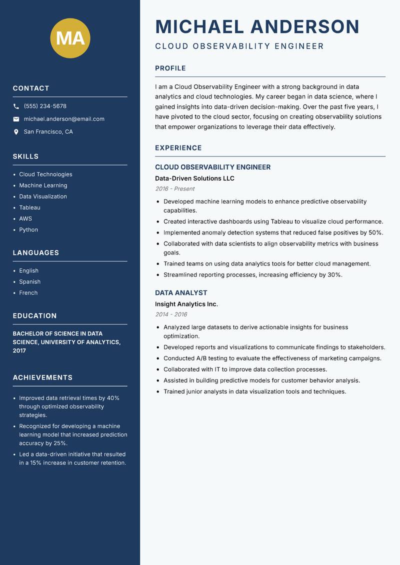 Cloud Observability Engineer Resume Preview Example