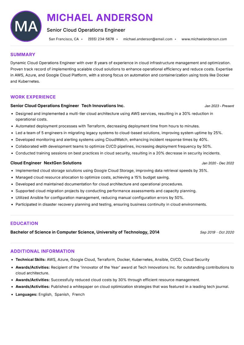 Cloud Operations Engineer Resume Preview Example