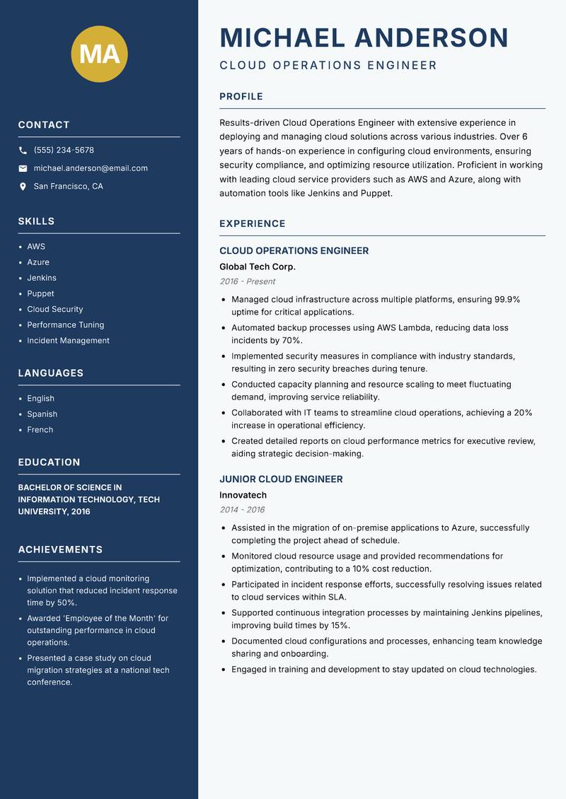 Cloud Operations Engineer Resume Preview Example