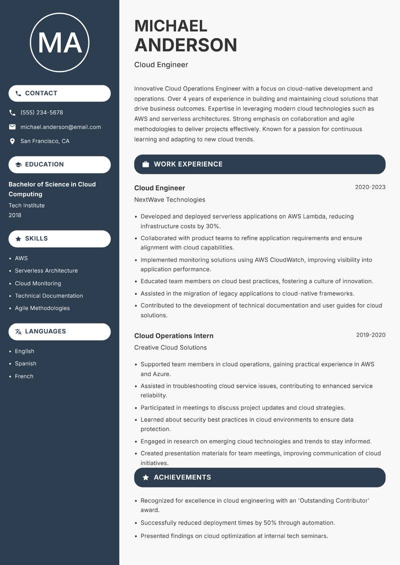 Cloud Operations Engineer Resume Preview Example