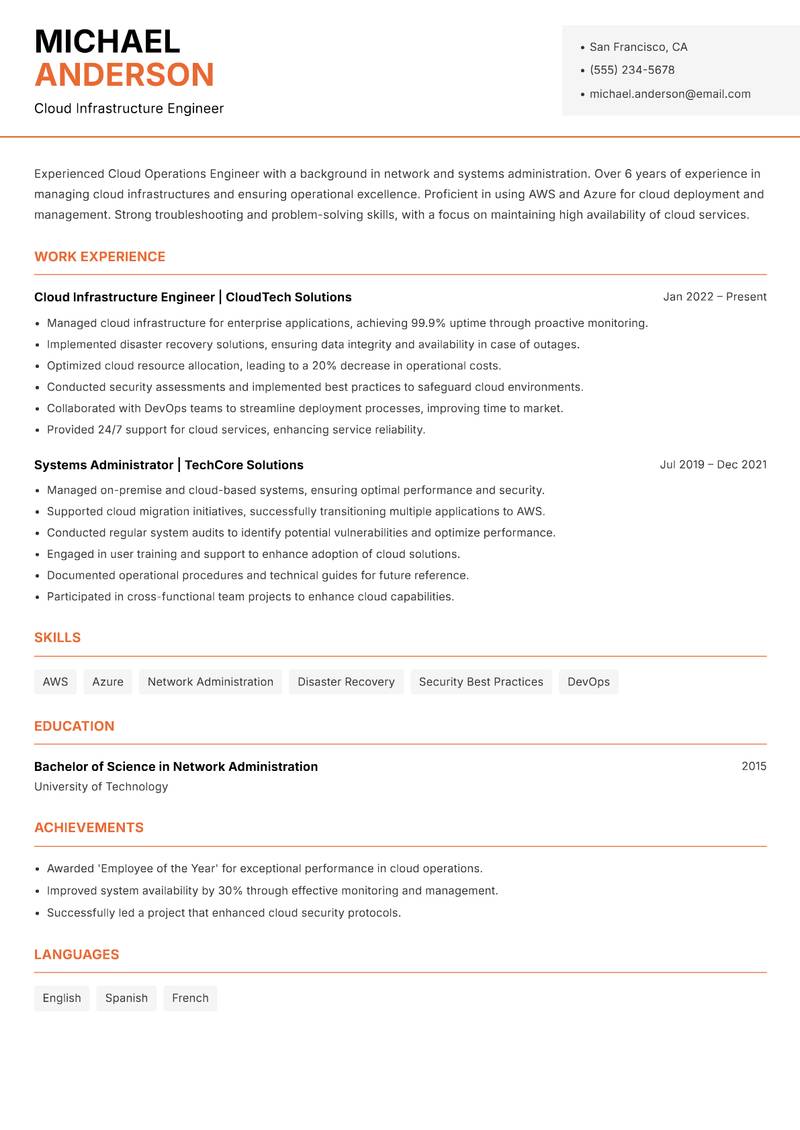 Cloud Operations Engineer Resume Template