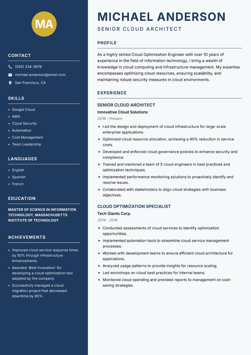 Cloud Optimization Engineer Resume Preview Example