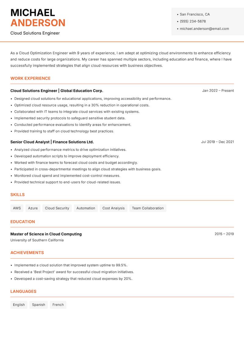 Cloud Optimization Engineer Resume Template