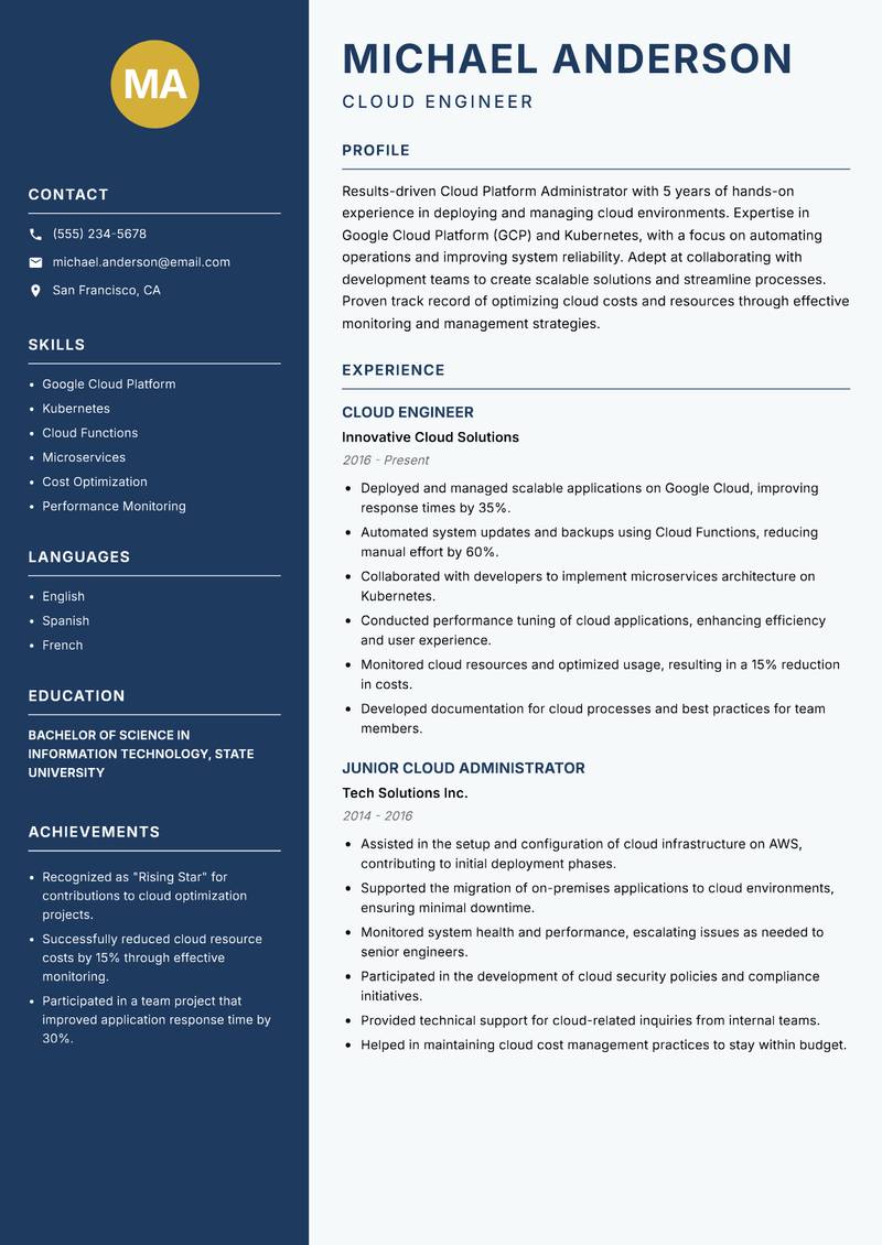 Cloud Platform Administrator Resume Preview Example