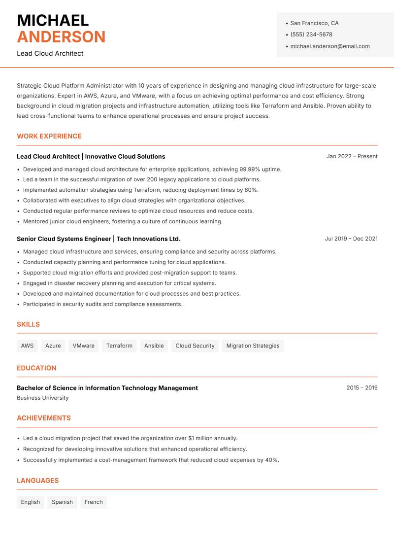 Cloud Platform Administrator Resume Template