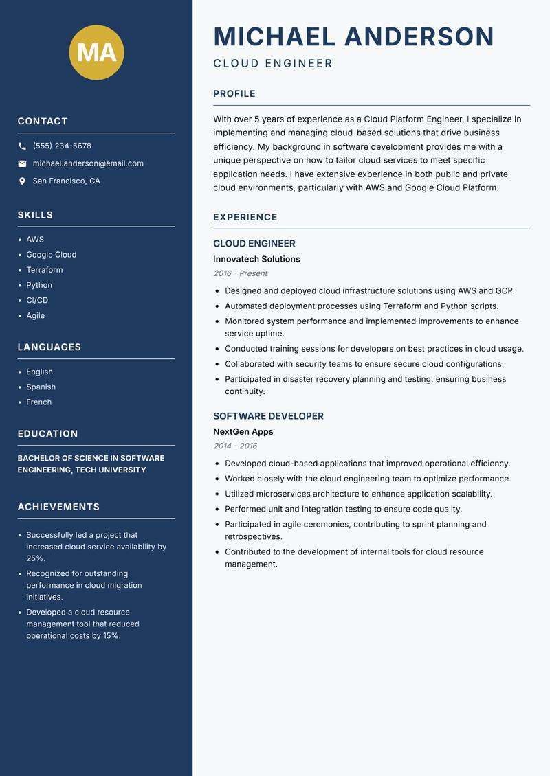 Cloud Platform Engineer Resume Preview Example