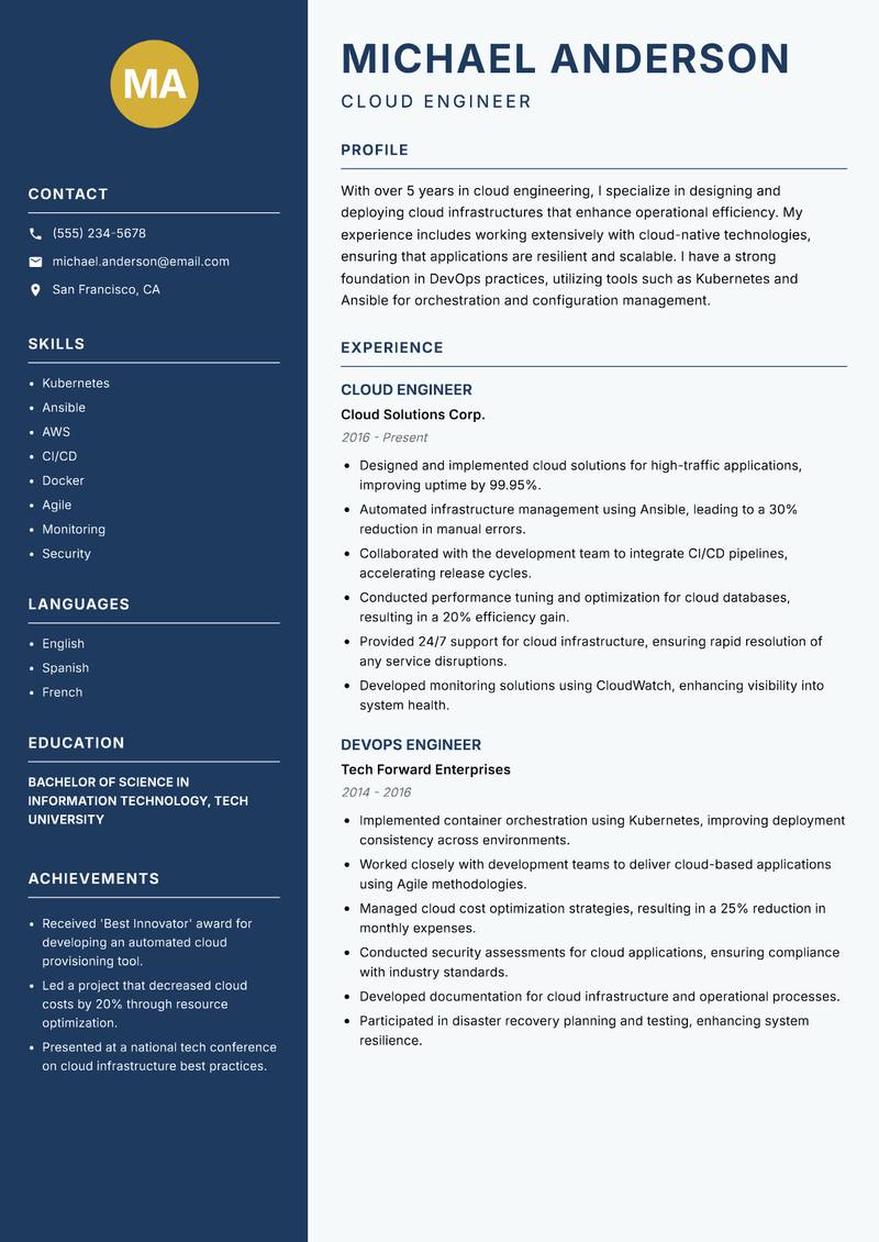 Cloud Product Engineer Resume Preview Example