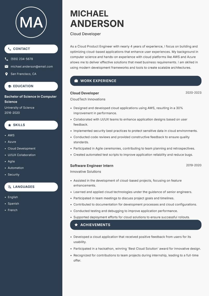 Cloud Product Engineer Resume Preview Example