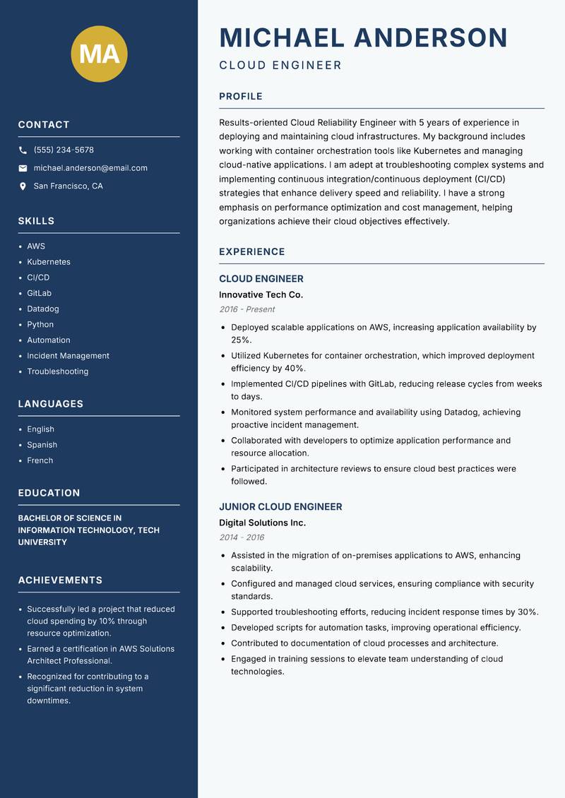 Cloud Reliability Engineer Resume Preview Example