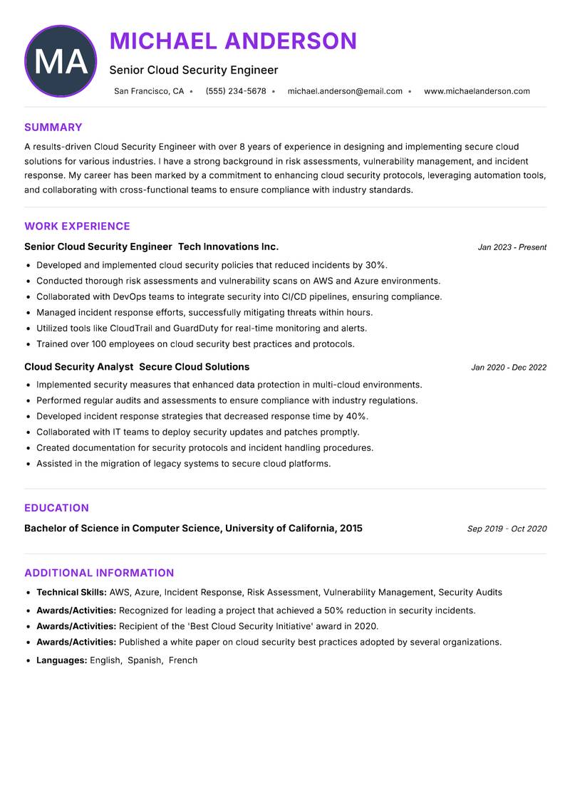 Cloud Security Engineer Resume Preview Example