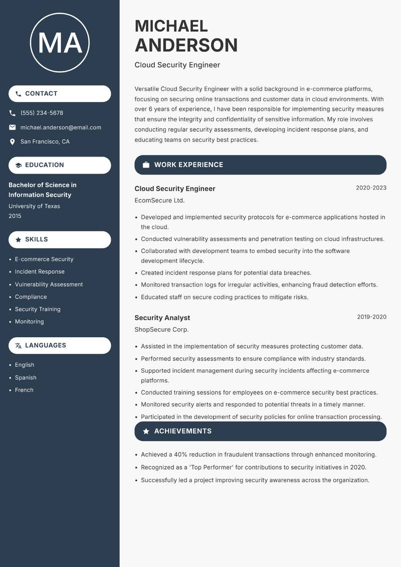 Cloud Security Engineer Resume Preview Example