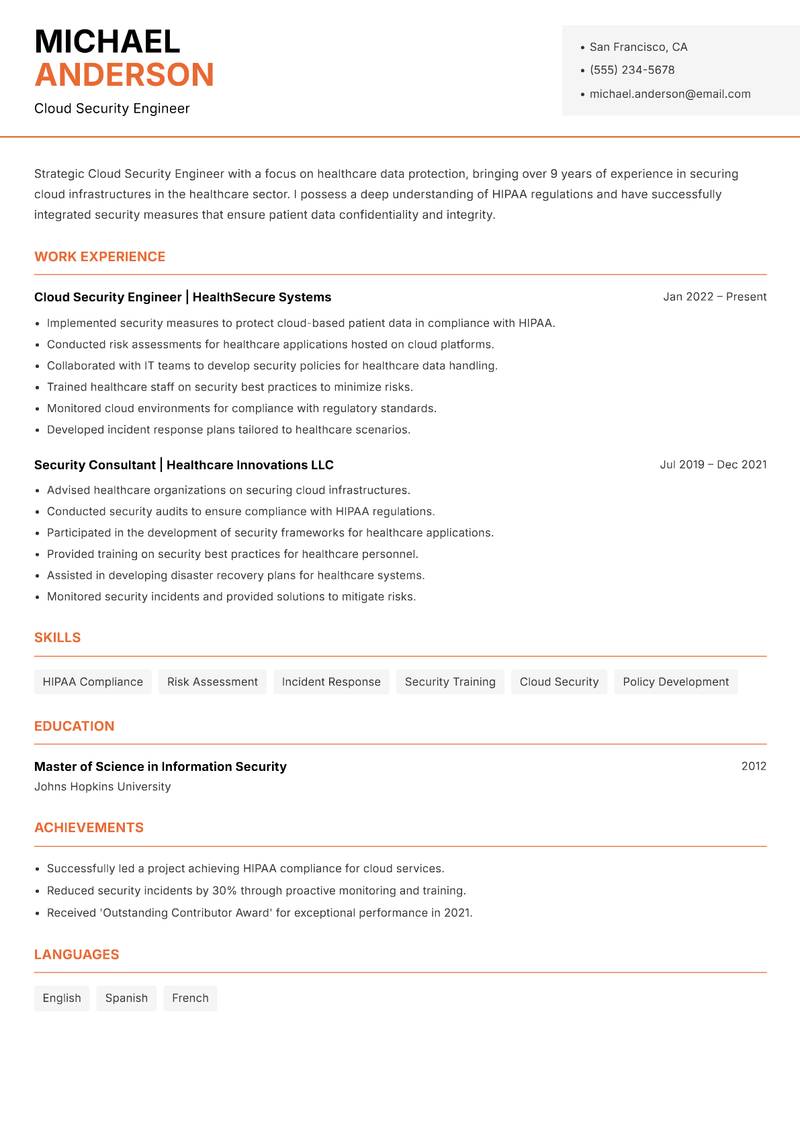 Cloud Security Engineer Resume Template