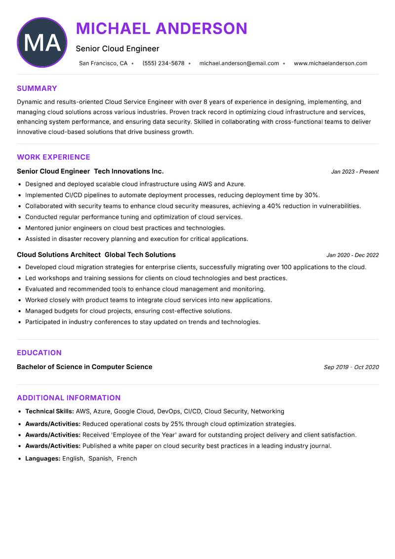 Cloud Service Engineer Resume Preview Example