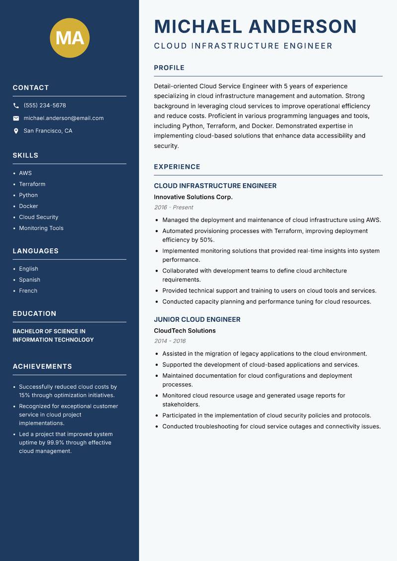 Cloud Service Engineer Resume Preview Example