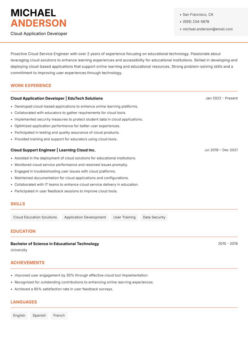 Cloud Service Engineer Resume Template