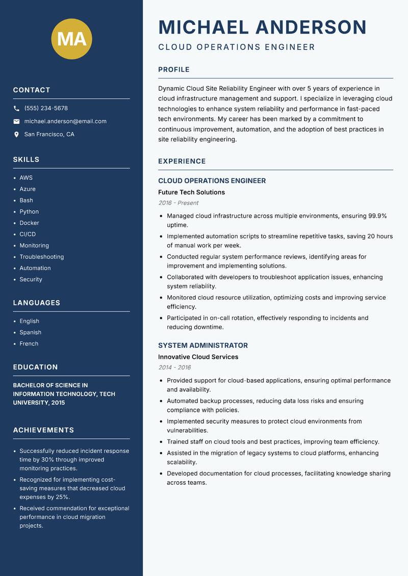 Cloud Site Reliability Engineer Resume Preview Example