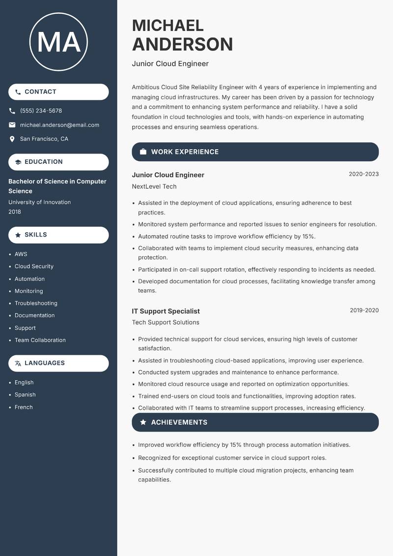 Cloud Site Reliability Engineer Resume Preview Example