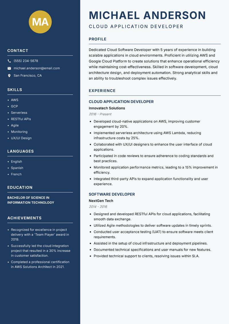 Cloud Software Developer Resume Preview Example