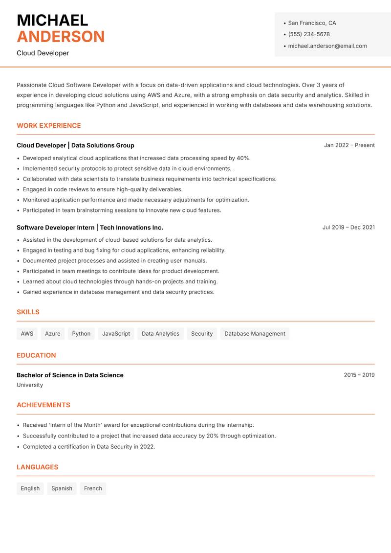 Cloud Software Developer Resume Template
