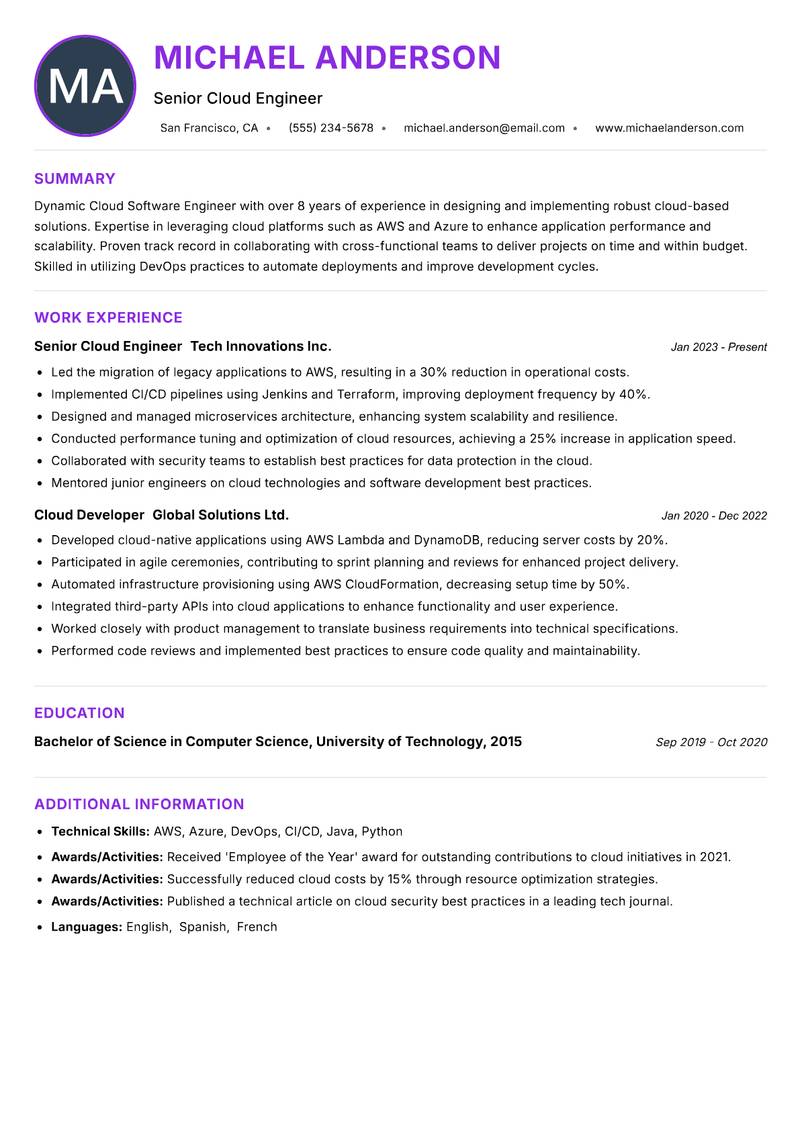 Cloud Software Engineer Resume Preview Example