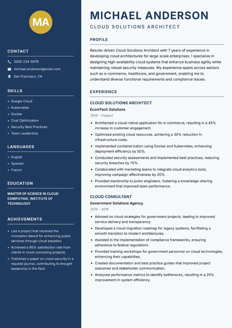 Cloud Solutions Architect Resume Preview Example