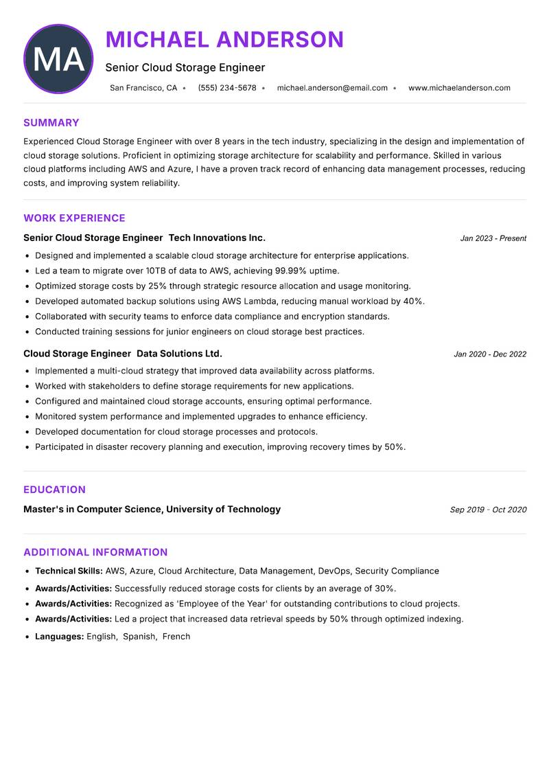 Cloud Storage Engineer Resume Preview Example