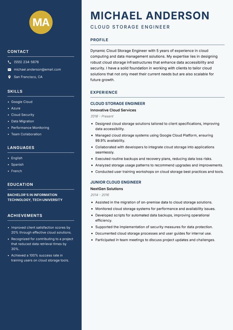 Cloud Storage Engineer Resume Preview Example