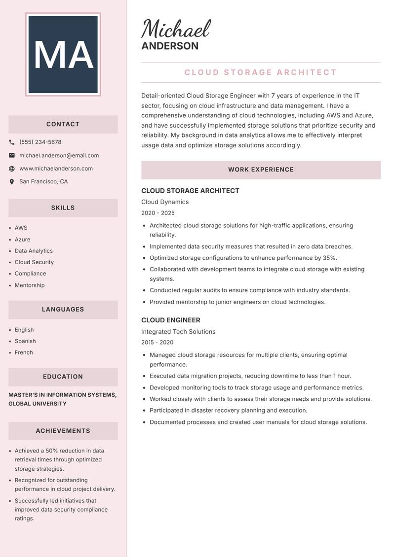 Cloud Storage Engineer Resume Preview Example