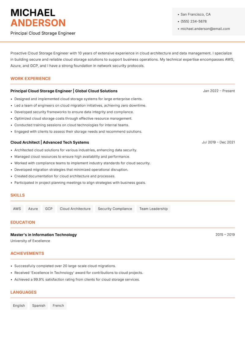 Cloud Storage Engineer Resume Template