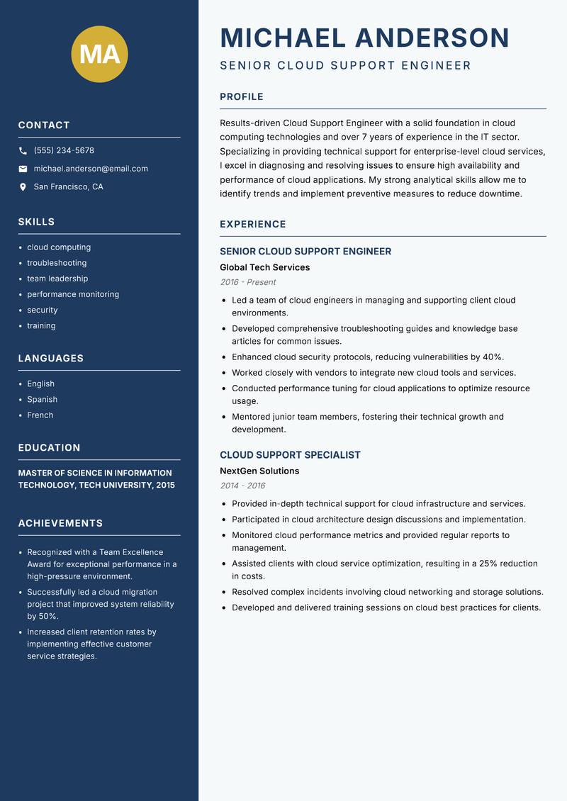 Cloud Support Engineer Resume Preview Example