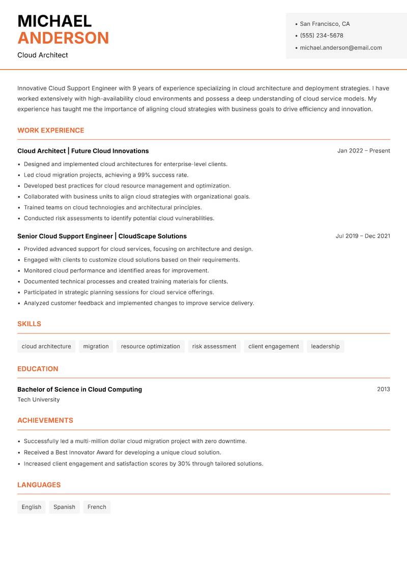 Cloud Support Engineer Resume Template