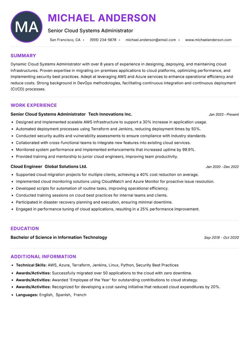 Cloud Systems Administrator Resume Preview Example