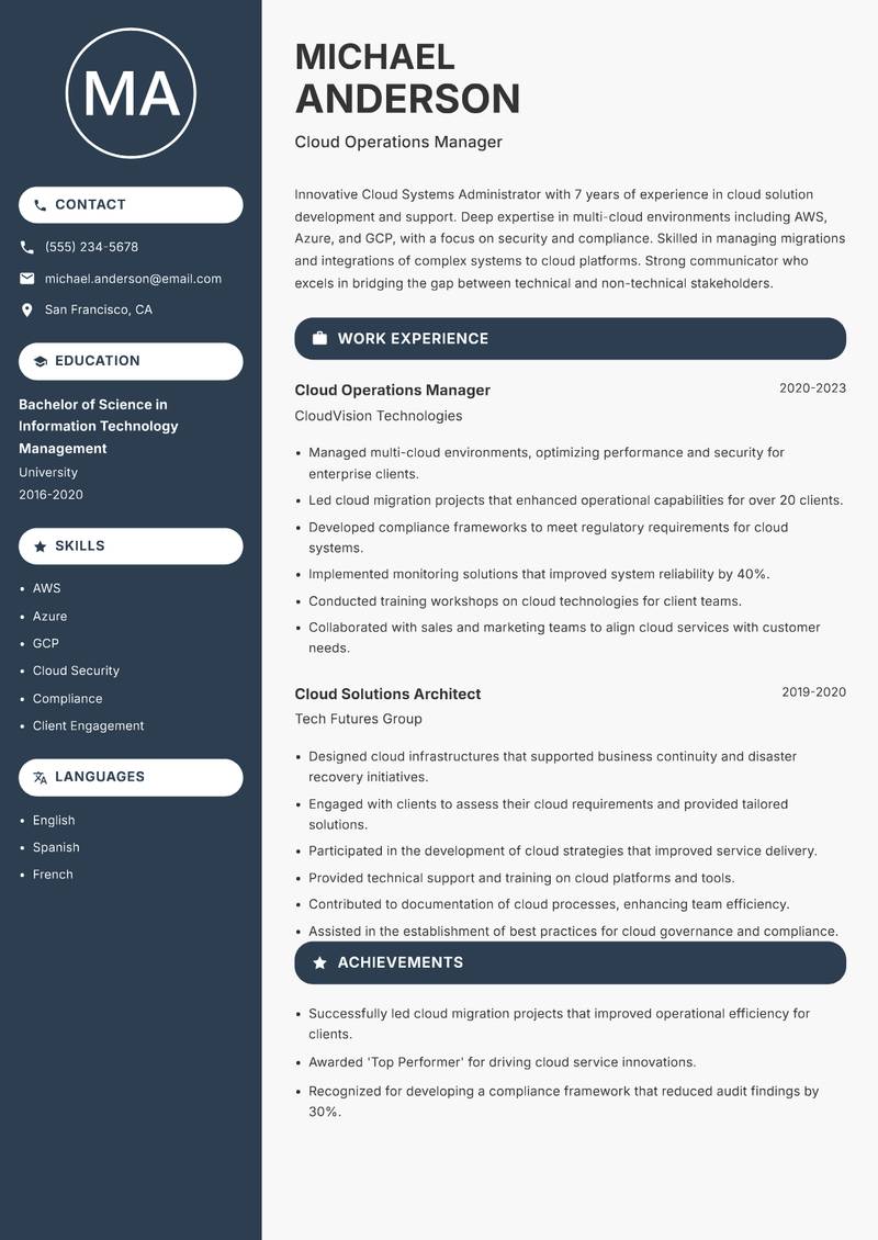Cloud Systems Administrator Resume Preview Example