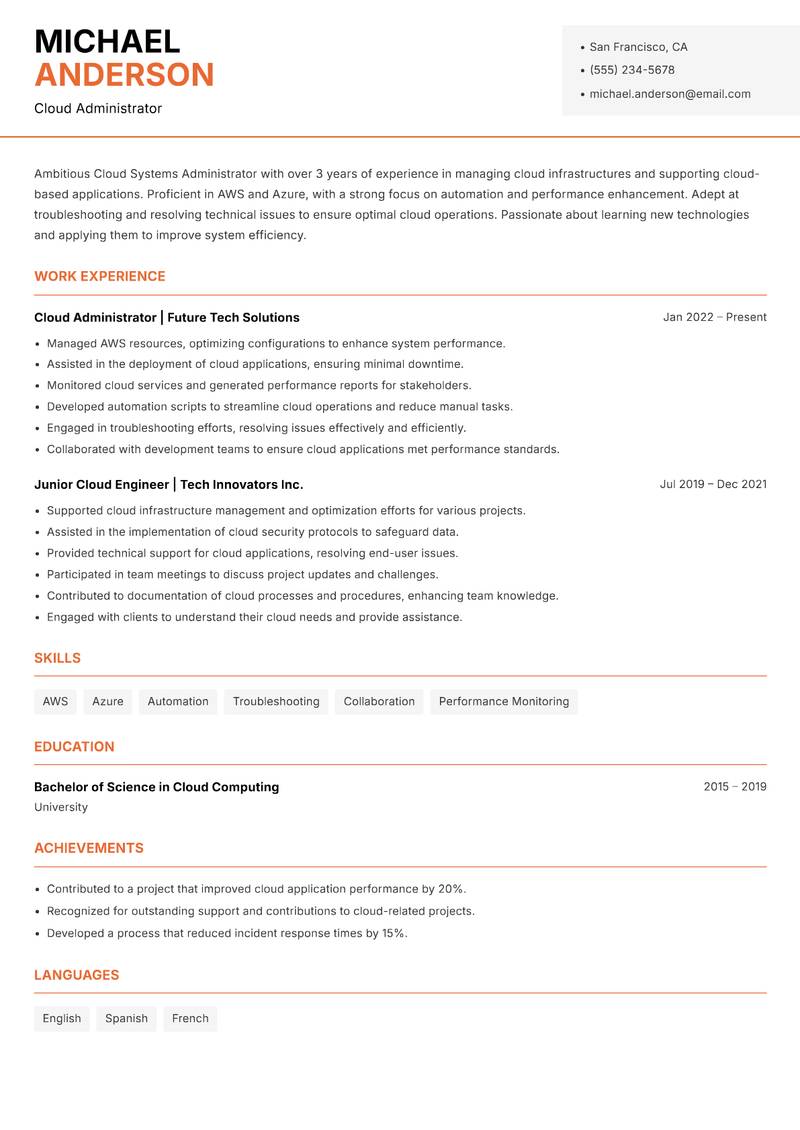 Cloud Systems Administrator Resume Template